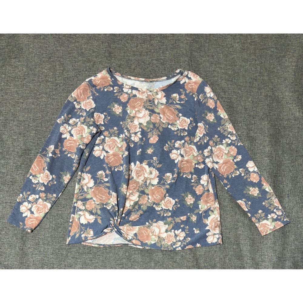 Unbranded Girls Size M Long Sleeve Top Blue Floral Knot Front